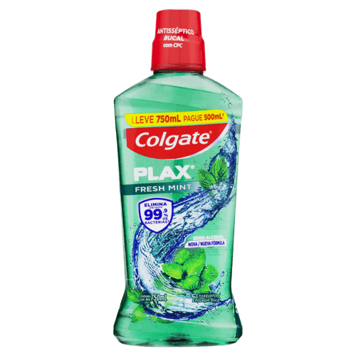 Enxaguante Bucal Antisséptico Zero Álcool Fresh Mint Colgate Plax Frasco Leve 750ml Pague 500ml