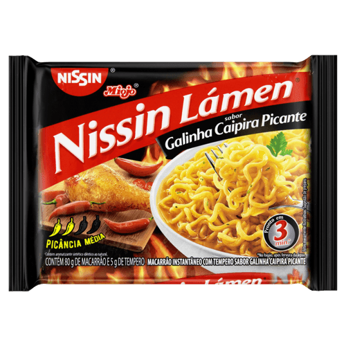 Macarrão Instantâneo Lámen com Tempero Galinha Caipira Picante Nissin Miojo Pacote 85g Sendo 80g de Macarrão e 5g de Tempero