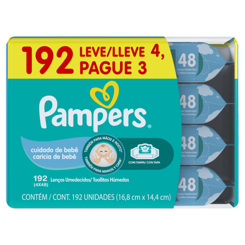 Lenço Umedecido Cuidado de Bebê Pampers Pacote Leve 4 Pague 3 Unidades de 48 Lenços Cada