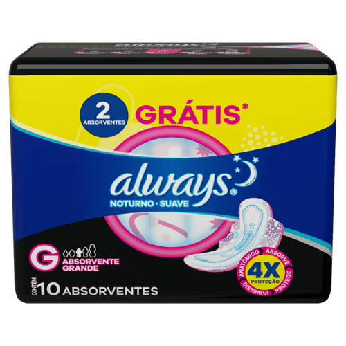 Absorvente com Abas Suave Always Noturno G Pacote 10 Unidades Grátis 2 Absorventes