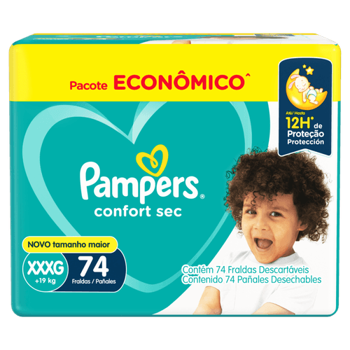 Fralda Descartável Infantil Pampers Confort Sec XXXG + de 19kg Pacote Econômico 74 Unidades