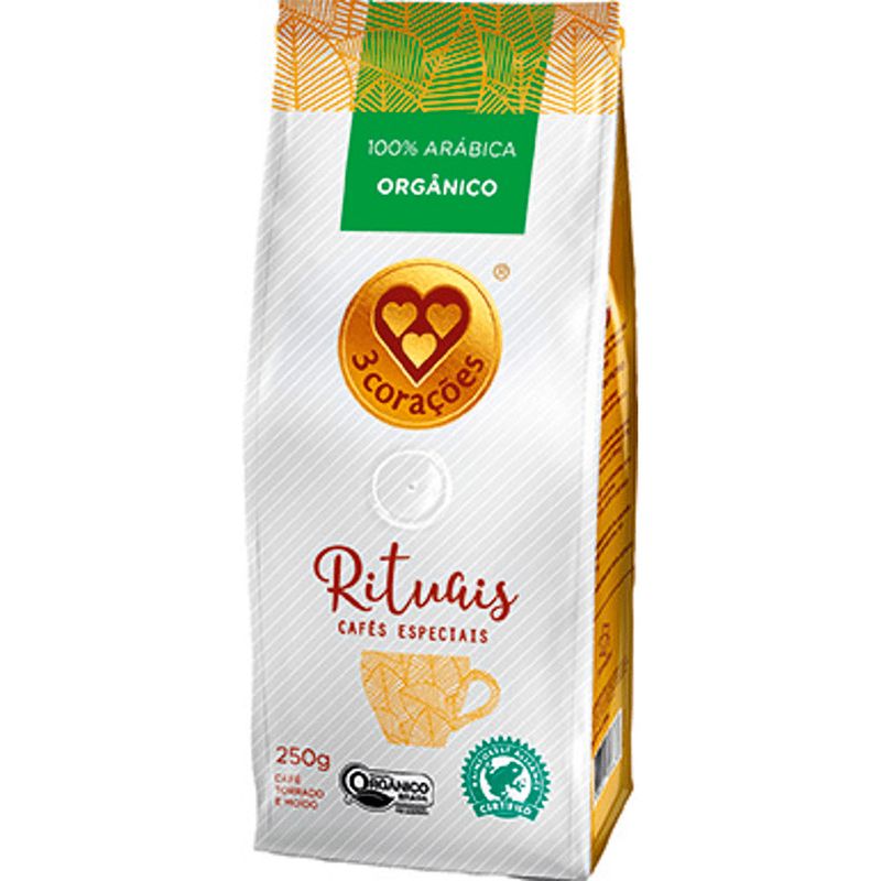 Cafe-Torrado-e-Moido-Organico-100--Arabica-3-Coracoes-Rituais-Pacote-250g