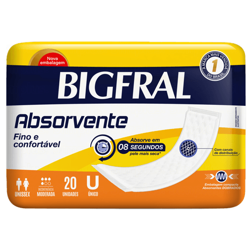 Absorvente sem Abas para Incontinência Urinária Bigfral Único Pacote 20 Unidades