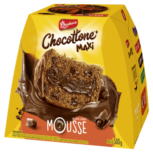 Panettone Chocolate Recheio Mousse de Chocolate Cobertura, Gotas e Riscas Chocolate Bauducco Chocottone Maxi Caixa 500g
