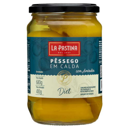 Pêssego em Calda Metades com Amêndoas Dietética La Pastina Vidro Peso Líquido 680g Peso Drenado 410g