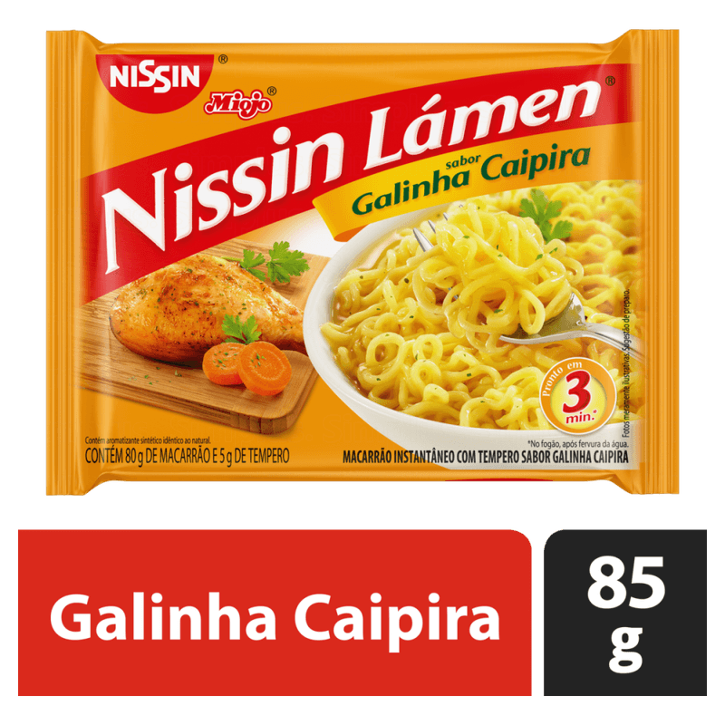 Macarrao-Instantaneo-Lamen-com-Tempero-de-Galinha-Caipira-Nissin-Miojo-Pacote-85g-Sendo-80g-de-Macarrao-e-5g-de-Tempero