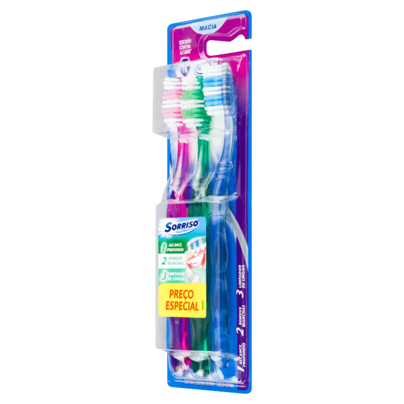 Escova-Dental-Macia-Tripla-123-Sorriso-Cabeca-Normal-3-Unidades-Preco-Especial