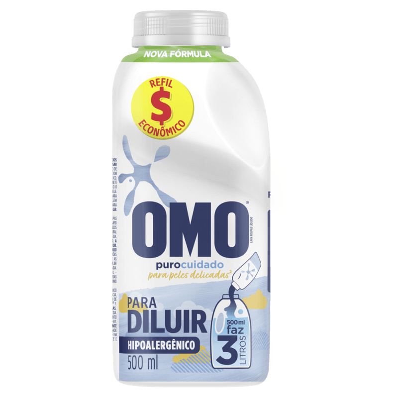 Lava-Roupas-Liquido-para-Diluir-Omo-Puro-Cuidado-Frasco-500ml-Refil-Economico