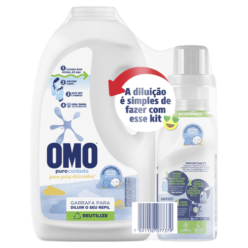 Kit Garrafa para Diluição + Lava-Roupas Líquido para Diluir Omo Puro Cuidado 500ml Refil Econômico