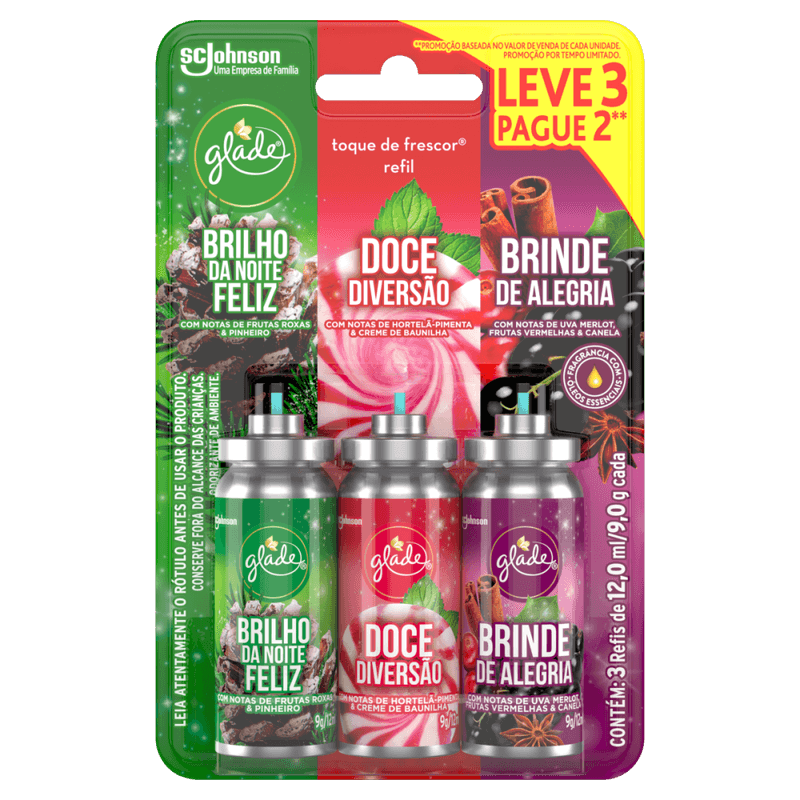 Odorizador-de-Ambiente-Brilho-da-Noite-Feliz-Doce-Diversao-e-Brinde-de-Alegria-Glade-Toque-de-Frescor-Blister-12ml-Cada-Refil-Leve-3-Pague-2-Unidades