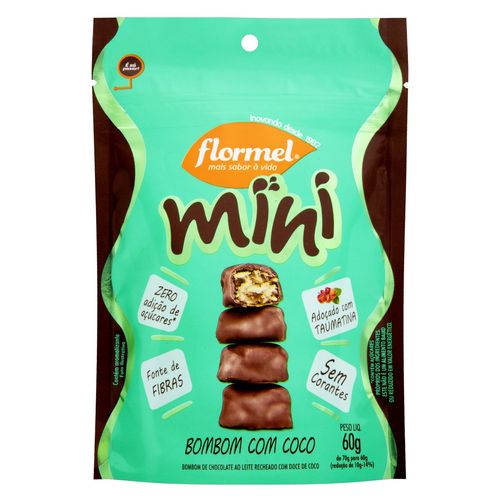 Mini Bombom Chocolate ao Leite Recheio Doce de Coco sem Adição de Açúcar Flormel Pouch 60g