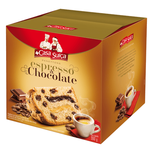 Panettone com Gotas de Chocolate ao Leite e Recheio de Café Espresso & Chocolate Meio Amargo Casa Suíça Caixa 550g