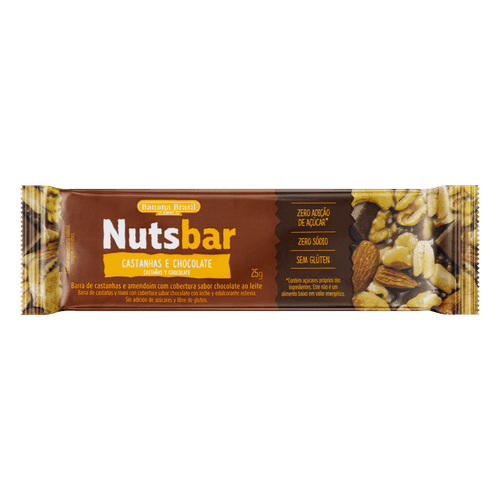 Barra de Nuts Castanhas e Amendoim com Cobertura Chocolate ao Leite Zero Sódio sem Adição de Açúcar Nutsbar Pacote 25g