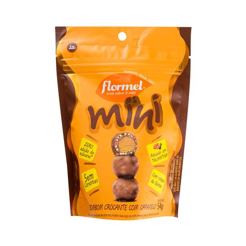 Mini Bombom Crocante com Caramelo Chocolate ao Leite Recheio de Doce de Leite Caramelizado e Crispie de Quinoa sem Adição de Açúcar Flormel Pouch 54g