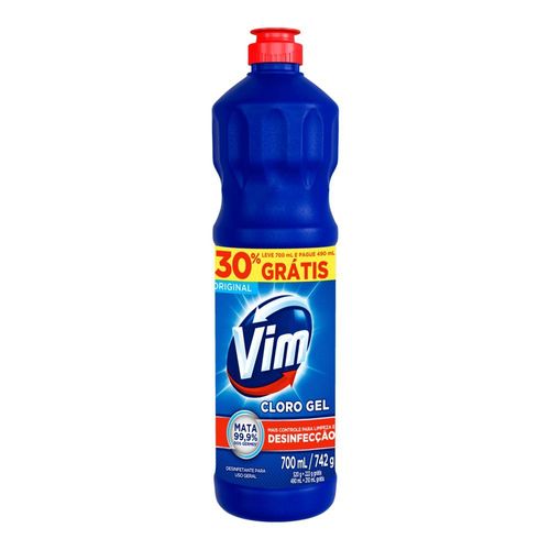 Desinfetante para Uso Geral Cloro Gel Original Vim Frasco Leve 700ml Pague 490ml