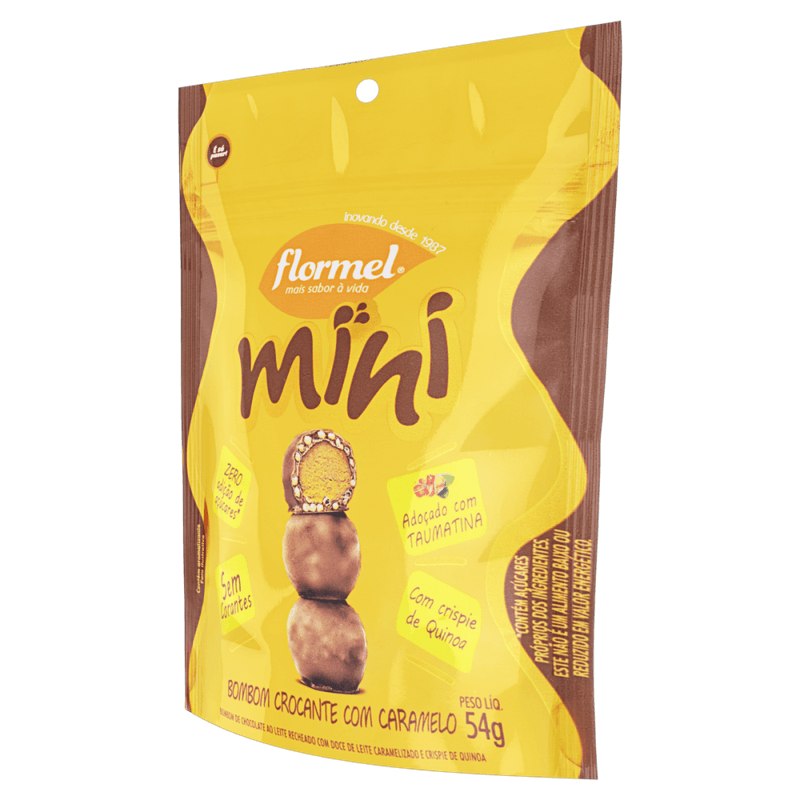 Mini-Bombom-Crocante-com-Caramelo-Chocolate-ao-Leite-Recheio-de-Doce-de-Leite-Caramelizado-e-Crispie-de-Quinoa-sem-Adicao-de-Acucar-Flormel-Pouch-54g