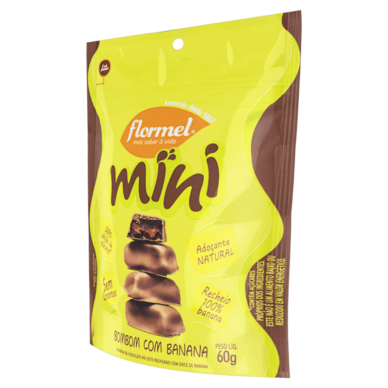 Mini-Bombom-de-Chocolate-ao-Leite-com-Recheio-de-Doce-de-Banana-sem-Adicao-de-Acucar-Flormel-Pouch-60g