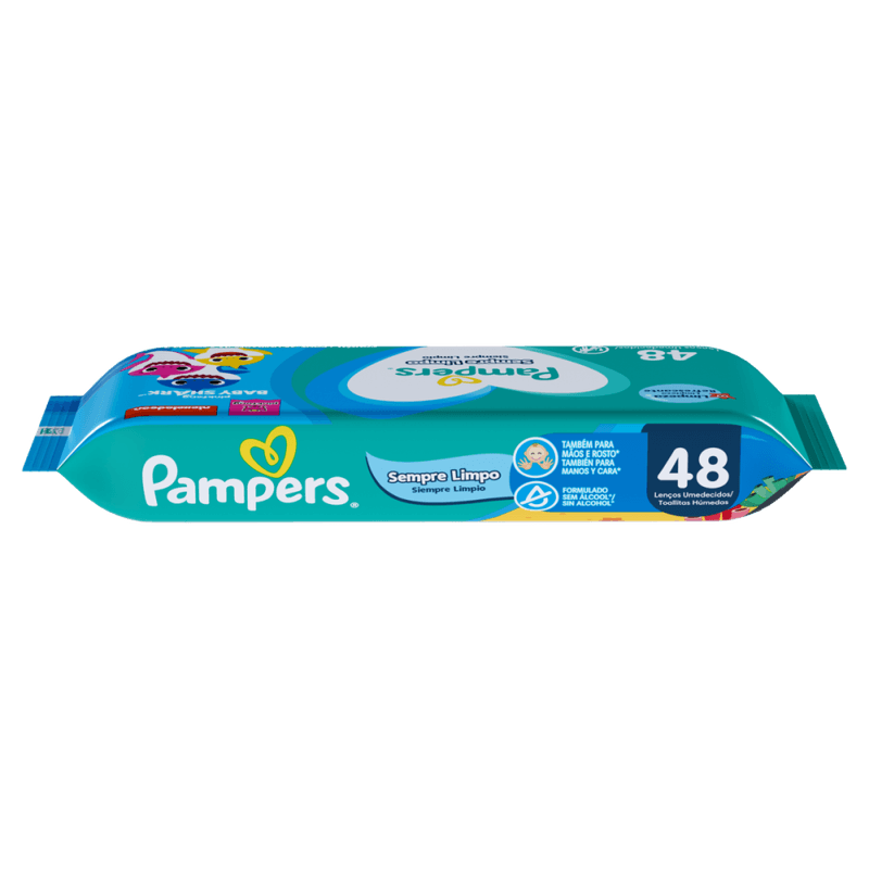 Lenco-Umedecido-Baby-Shark-Pampers-Sempre-Limpo-Pacote-48-Unidades