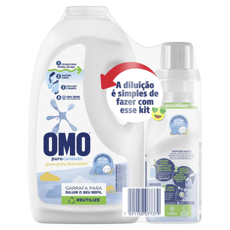 Kit-Garrafa-para-Diluicao---Lava-Roupas-Liquido-para-Diluir-Omo-Puro-Cuidado-500ml-Refil-Economico