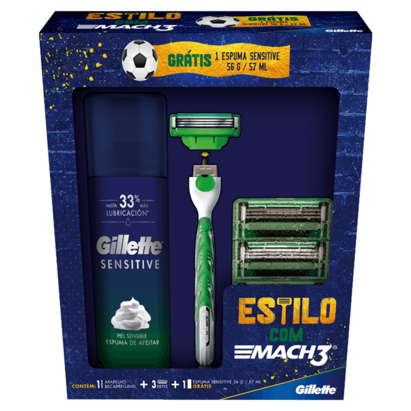 Kit-1-Aparelho-Recarregavel---3-Cargas-para-Barbear-Gillette-Mach3-Gratis-1-Espuma-de-Barbear-Sensitive-56g