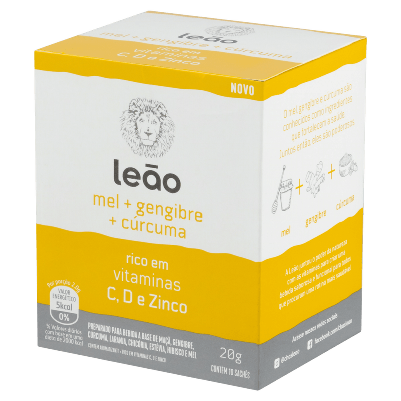 Preparado-para-Bebida-Cha-a-Base-de-Maca-Gengibre-Curcuma-Laranja-Chicoria-Estevia-Hibisco-e-Mel-Leao-Caixa-20g-10-Unidades