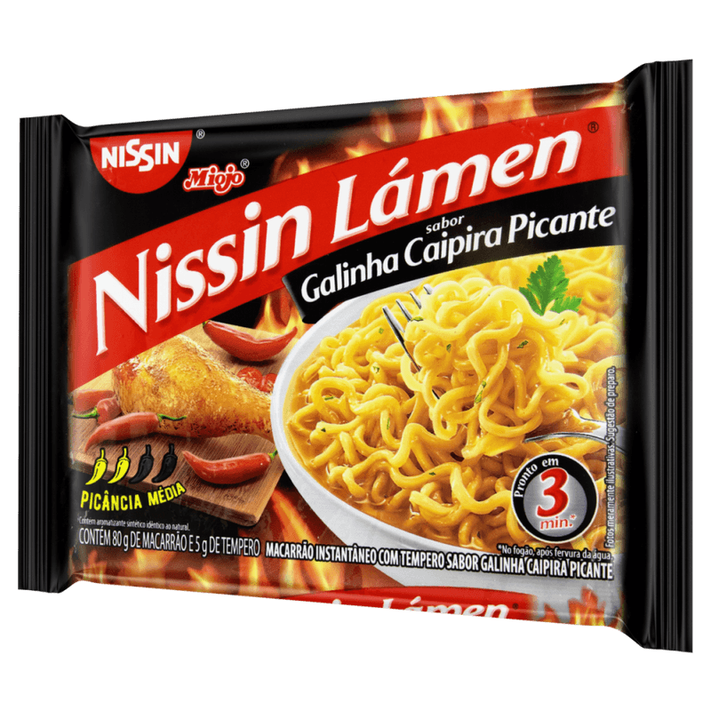 Macarrao-Instantaneo-Lamen-com-Tempero-Galinha-Caipira-Picante-Nissin-Miojo-Pacote-85g-Sendo-80g-de-Macarrao-e-5g-de-Tempero