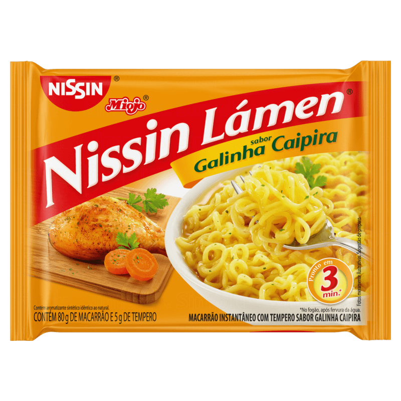 Macarrao-Instantaneo-Lamen-com-Tempero-de-Galinha-Caipira-Nissin-Miojo-Pacote-85g-Sendo-80g-de-Macarrao-e-5g-de-Tempero