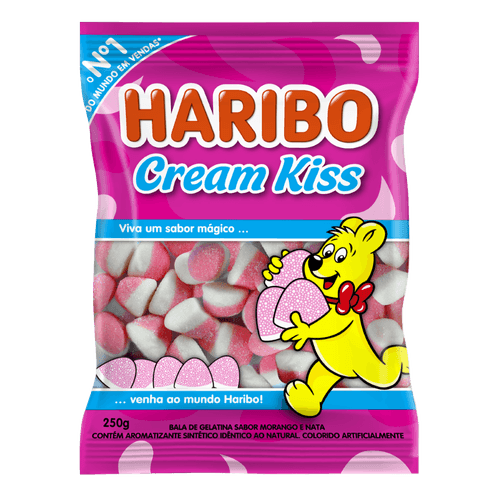 Bala de Gelatina Morango e Nata Cream Kiss Haribo Pacote 250g
