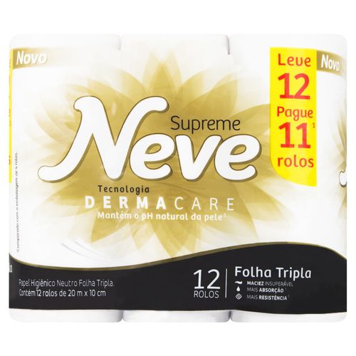 Papel Higiênico Folha Tripla Neutro Neve Supreme 20m Pacote Leve 12 Pague 11 Unidades