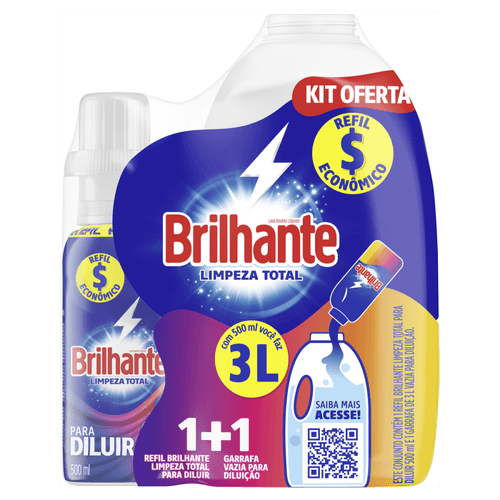 Kit Oferta Garrafa Vazia para Diluição + Lava-Roupas Concentrado para Diluir Brilhante Limpeza Total 500ml Refil Econômico