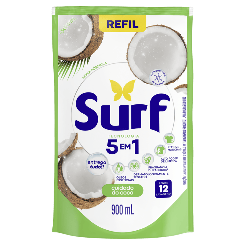 Lava-Roupas-Liquido-Cuidado-do-Coco-Oleos-Essenciais-5-em-1-Surf-Sache-900ml-Refil