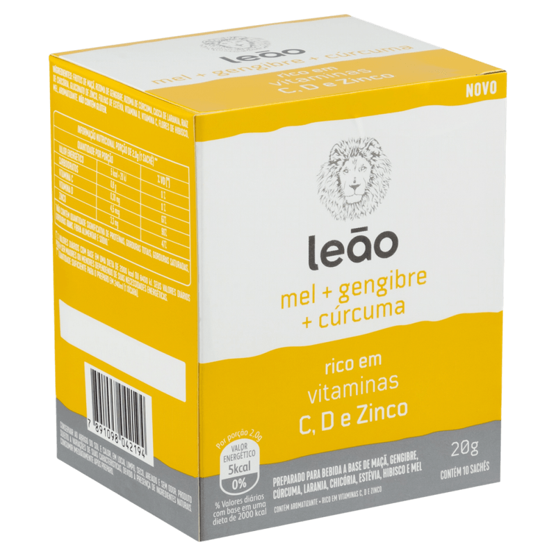 Preparado-para-Bebida-Cha-a-Base-de-Maca-Gengibre-Curcuma-Laranja-Chicoria-Estevia-Hibisco-e-Mel-Leao-Caixa-20g-10-Unidades