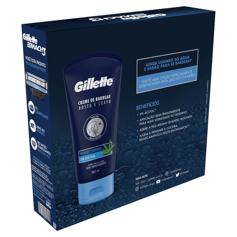 Kit-4-Cargas-de-Aparelho-para-Barbear-Gillette-Mach3-Gratis-Creme-de-Barbear-Rosto-e-Corpo-com-Aloe-Vera-e-Aplicacao-Semitransparente-Gillette-150ml