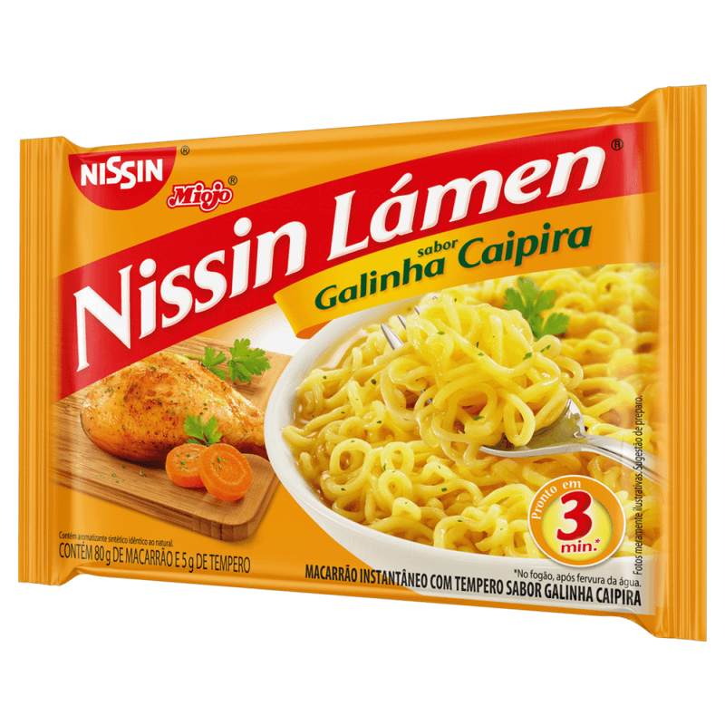 Macarrao-Instantaneo-Lamen-com-Tempero-de-Galinha-Caipira-Nissin-Miojo-Pacote-85g-Sendo-80g-de-Macarrao-e-5g-de-Tempero