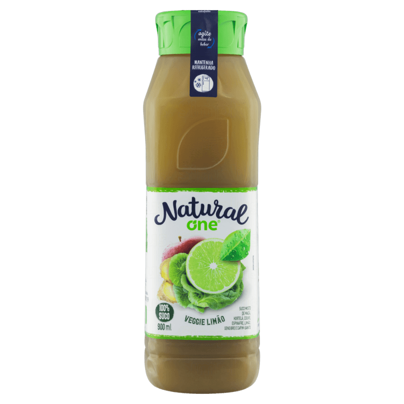 Suco-Misto-Veggie-Limao-Maca-Hortela-Couve-Espinafre-Gengibre-e-Capim-Santo-sem-Adicao-de-Acucar-Natural-One-Refrigerado-Garrafa-900ml