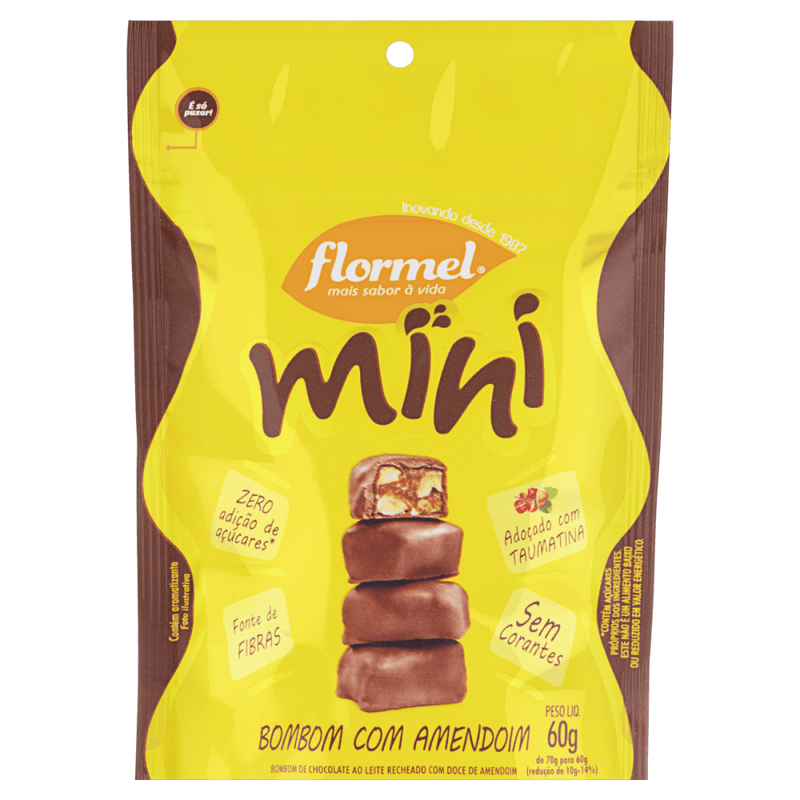 Mini-Bombom-de-Chocolate-ao-Leite-com-Recheio-de-Doce-de-Amendoim-sem-Adicao-de-Acucar-Flormel-Mini-Pouch-60g