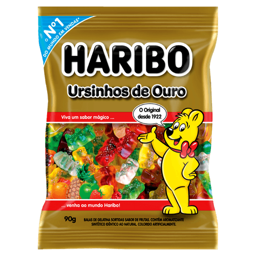 Balas de Gelatina Sortidas Frutas Limão, Framboesa, Abacaxi, Laranja, Morango ou Maçã-Verde Ursinhos de Ouro Haribo Pacote 90g