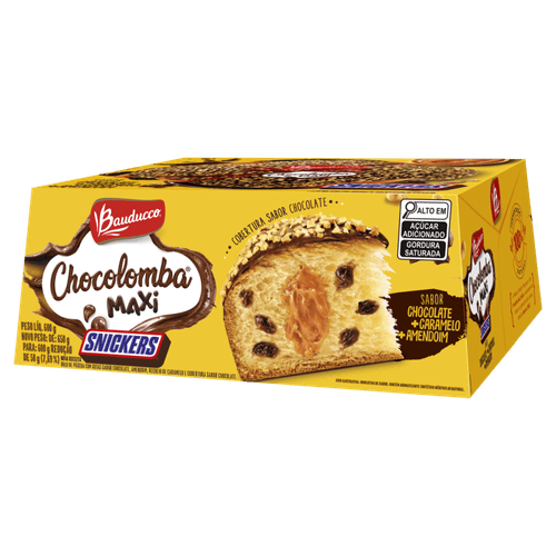 Bolo de Páscoa com Gotas de Chocolate, Amendoim Recheio Snickers, Caramelo e Cobertura Chocolate Bauducco Chocolomba Maxi Caixa 600g
