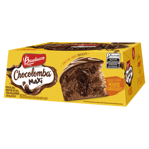 Bolo de Páscoa Recheio Mousse de Chocolate, Gotas e Cobertura Chocolate e Riscas Chocolate Branco Bauducco Chocolomba Maxi Caixa 600g