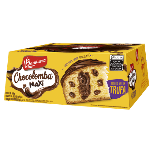 Bolo de Páscoa Recheio Trufa, Gotas, Cobertura e Riscas de Chocolate Bauducco Chocolomba Maxi Caixa 600g