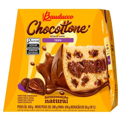 Panettone Recheio Trufa Cobertura, Gotas e Riscas Chocolate Bauducco Chocottone Caixa 450g