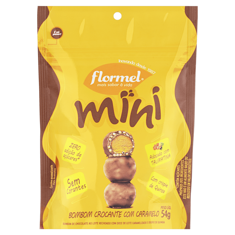 Mini-Bombom-Crocante-com-Caramelo-Chocolate-ao-Leite-Recheio-de-Doce-de-Leite-Caramelizado-e-Crispie-de-Quinoa-sem-Adicao-de-Acucar-Flormel-Pouch-54g