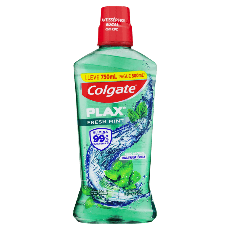 Enxaguante-Bucal-Antisseptico-Zero-Alcool-Fresh-Mint-Colgate-Plax-Frasco-Leve-750ml-Pague-500ml