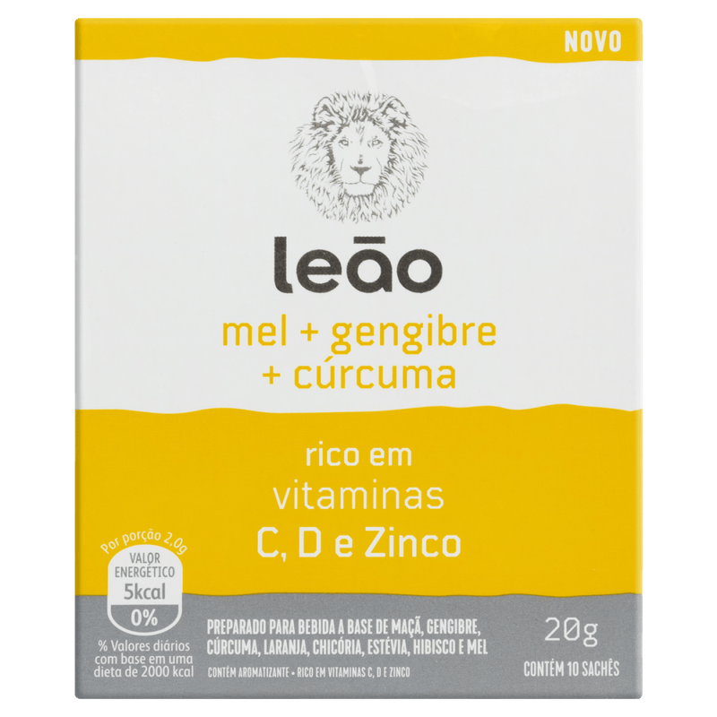 Preparado-para-Bebida-Cha-a-Base-de-Maca-Gengibre-Curcuma-Laranja-Chicoria-Estevia-Hibisco-e-Mel-Leao-Caixa-20g-10-Unidades