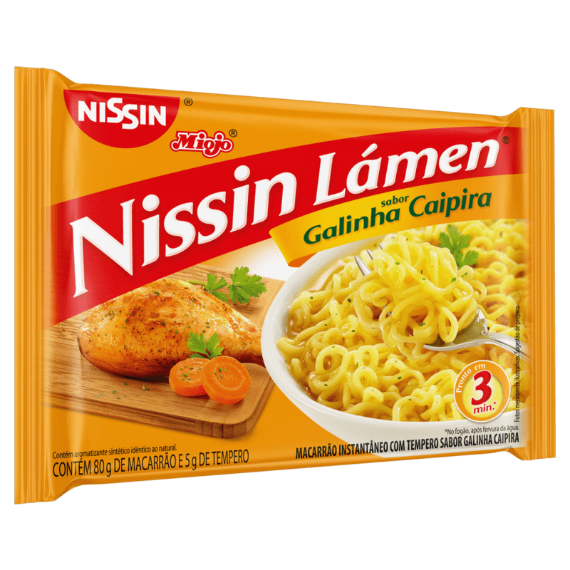 Macarrao-Instantaneo-Lamen-com-Tempero-de-Galinha-Caipira-Nissin-Miojo-Pacote-85g-Sendo-80g-de-Macarrao-e-5g-de-Tempero