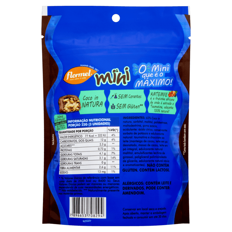 Mini-Bombom-Chocolate-ao-Leite-Recheio-Doce-de-Coco-sem-Adicao-de-Acucar-Flormel-Pouch-60g