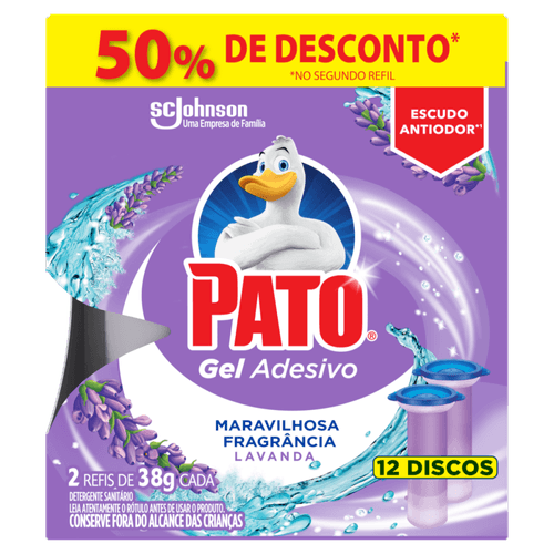 Detergente Sanitário Gel Adesivo Lavanda Pato 38g Cada 2 Unidades 12 Discos Grátis 50% de Desconto no Segundo Refil