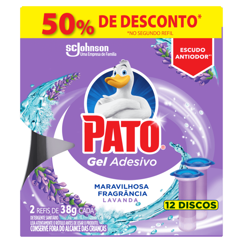 Detergente-Sanitario-Gel-Adesivo-Lavanda-Pato-38g-Cada-2-Unidades-12-Discos-Gratis-50--de-Desconto-no-Segundo-Refil