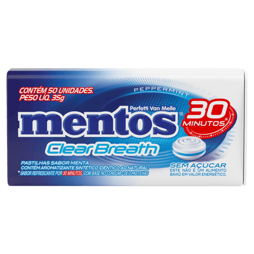 Pastilha Peppermint Zero Açúcar Mentos Clear Breath Lata 35g 50 Unidades