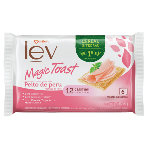 Alimento à Base de Cereais Trigo, Arroz, Milho e Aveia Torrada Integral Peito de Peru Marilan Lev Magic Toast Pacote 130g 6 Unidades
